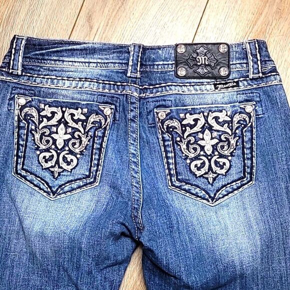 MISS ME BLING RHINESTONES SILVER STUDDED EASY BOOT DENIM JEAN JE53g5EL - Picture 2 of 8